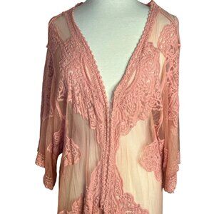 Pink Sheer Lace Kimono Cardigan Cover-Up Feminine 2XL-3XL Boho Long Elegant Sexy